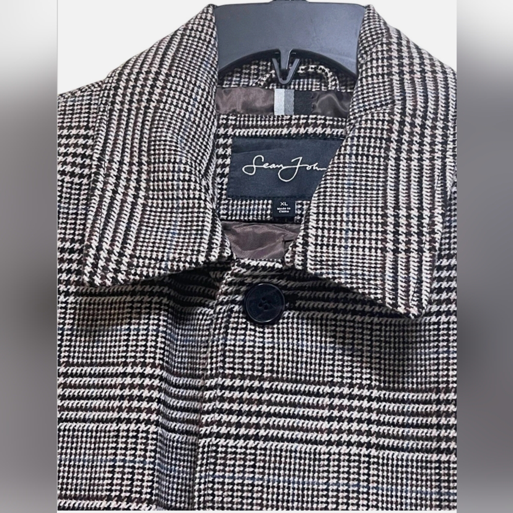 SEAN JOHN CLASSIC SINGLE BREASTED PLAID PATTERN OVERCOAT GRAY & BROWN, SIZE XL - Picture 5 of 8
